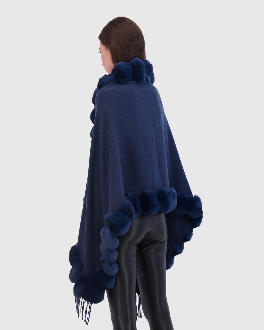 CASHMERE & WOOL BLEND CAPE WITH FUR-FREE CHINCHILLA (FAUX FUR) TRIM)
