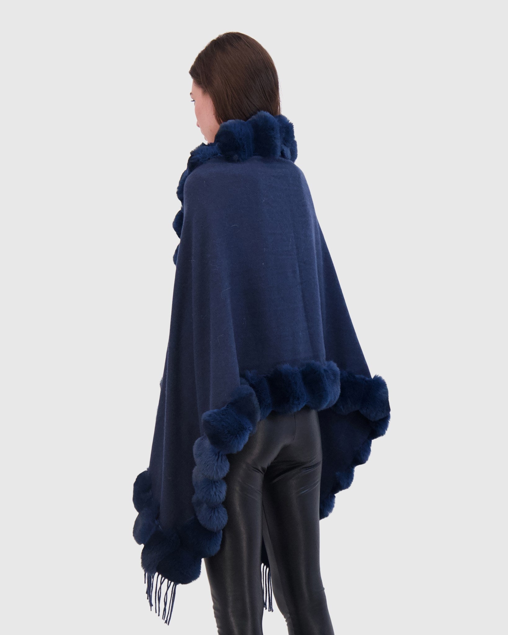 CASHMERE & WOOL BLEND CAPE WITH FUR-FREE CHINCHILLA (FAUX FUR) TRIM)