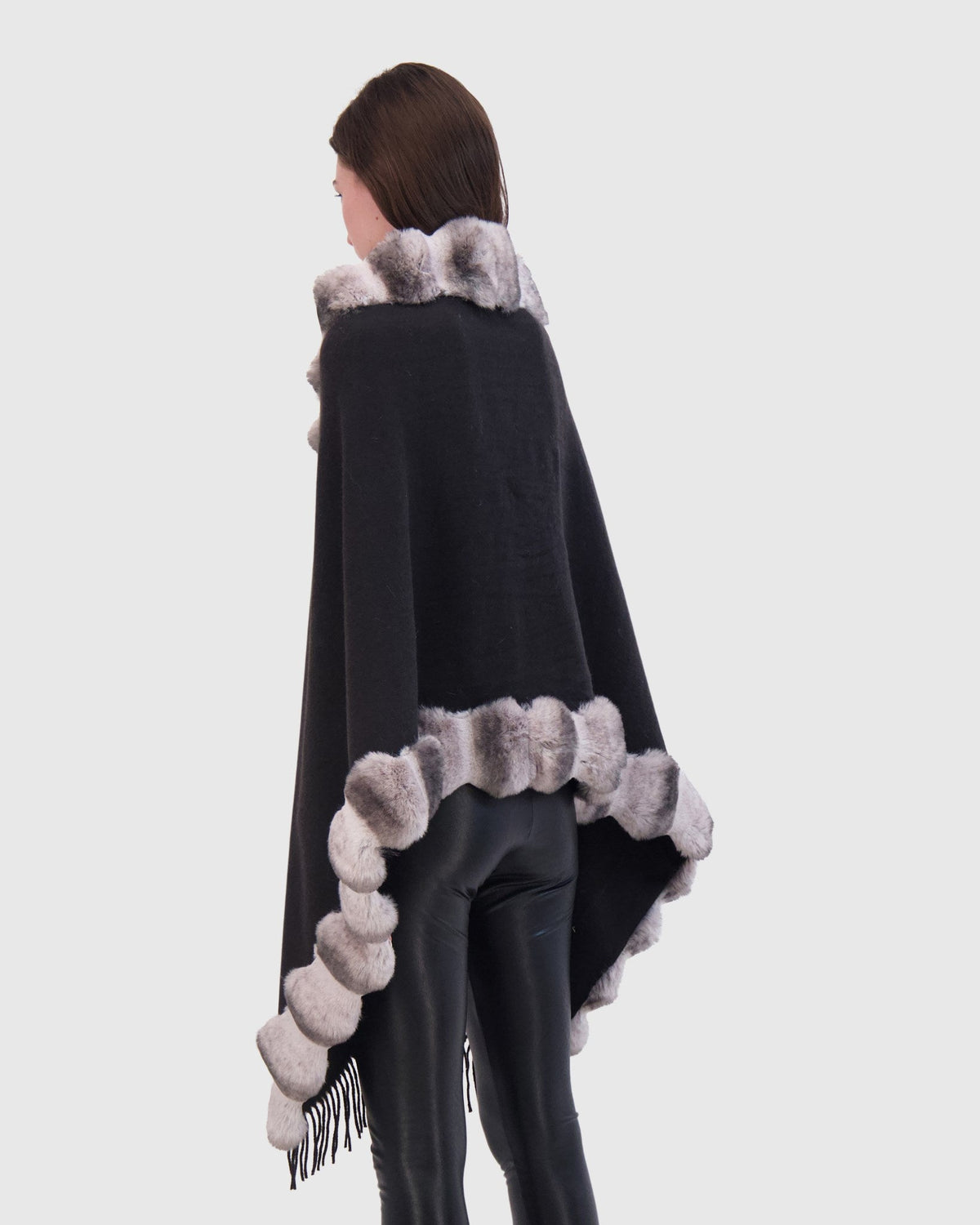 CASHMERE & WOOL BLEND CAPE WITH FUR-FREE CHINCHILLA (FAUX FUR) TRIM) - BLACK/GRAY CHINCH