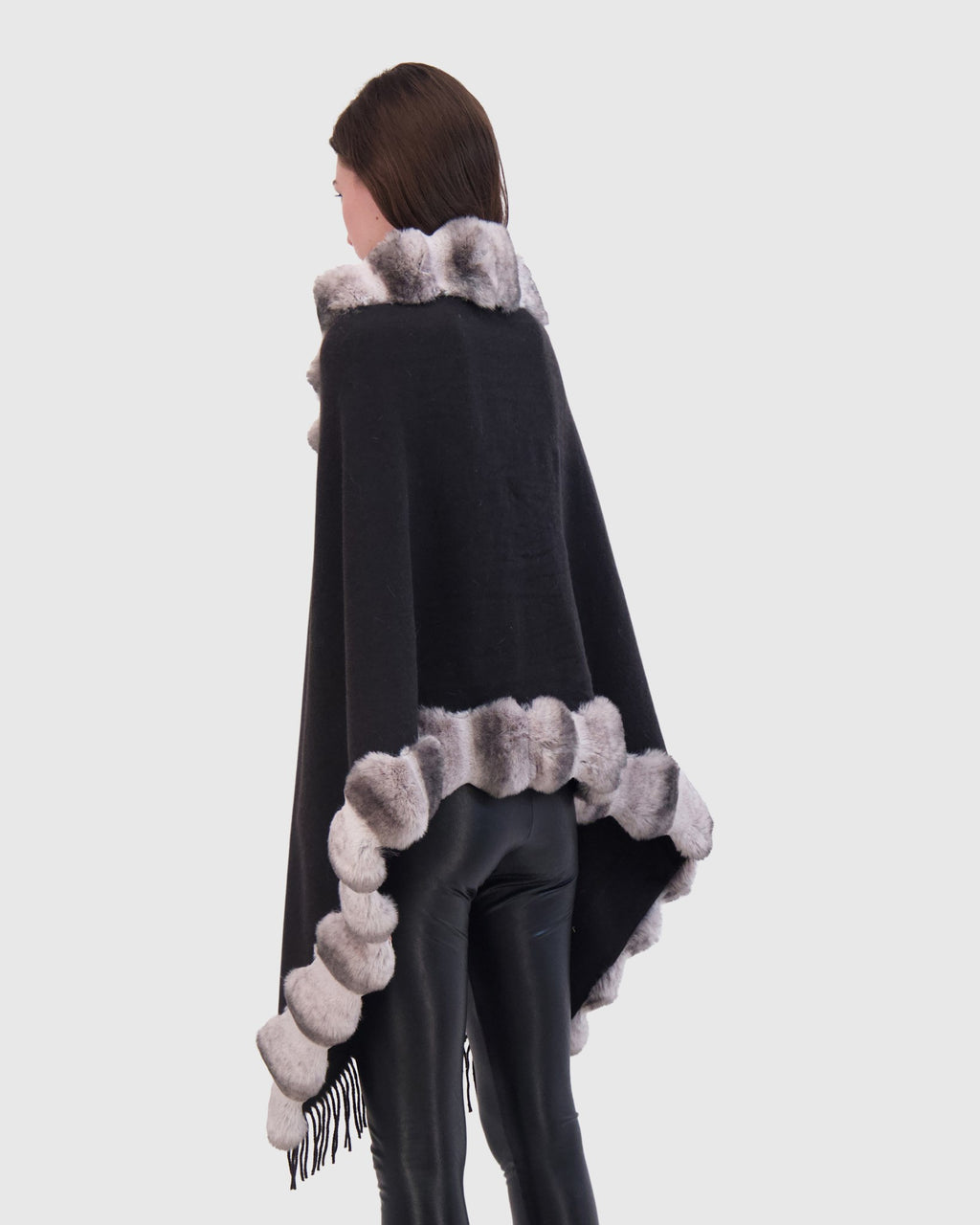 CASHMERE & WOOL BLEND CAPE WITH FUR-FREE CHINCHILLA (FAUX FUR) TRIM)