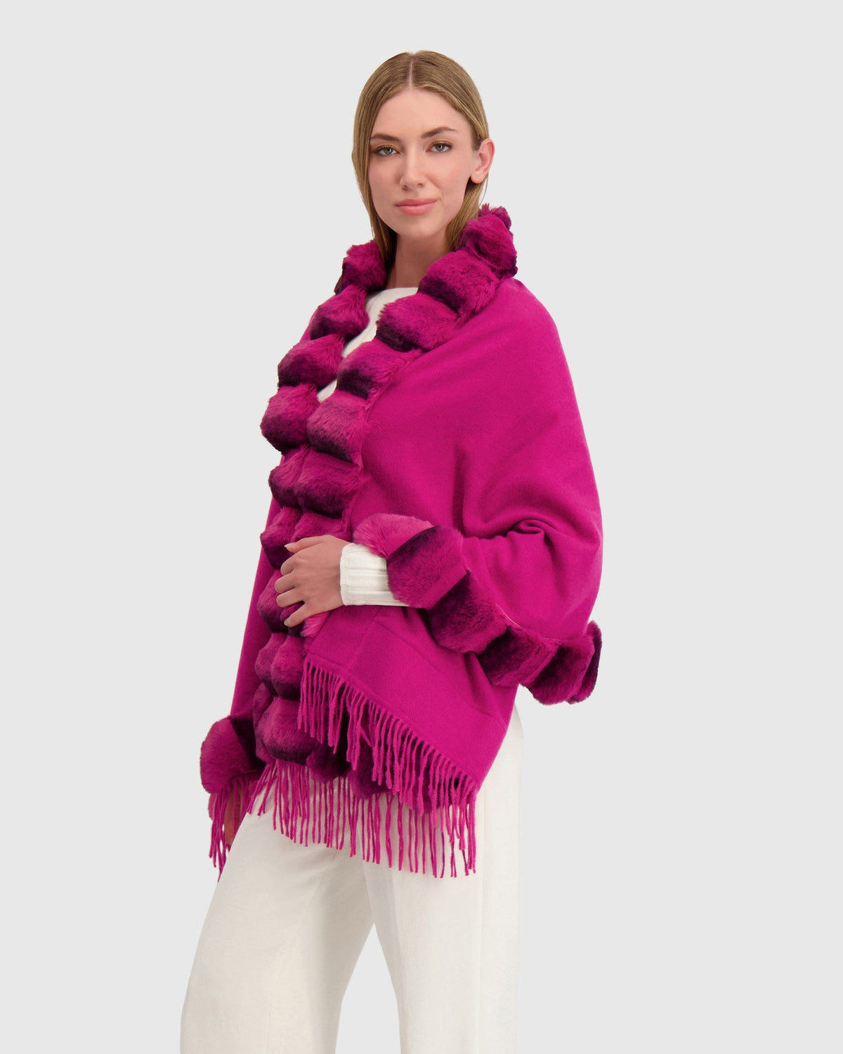 CASHMERE & WOOL BLEND CAPE WITH FUR-FREE CHINCHILLA (FAUX FUR) TRIM) - FUSCHIA/FUSCHIA CHINCH