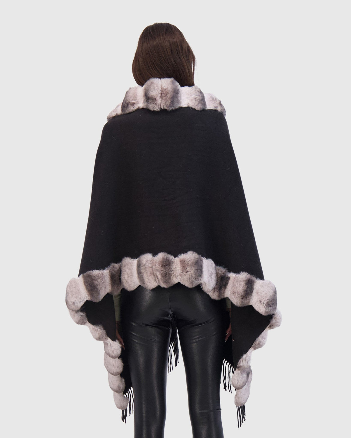 CASHMERE & WOOL BLEND CAPE WITH FUR-FREE CHINCHILLA (FAUX FUR) TRIM) - BLACK/GRAY CHINCH