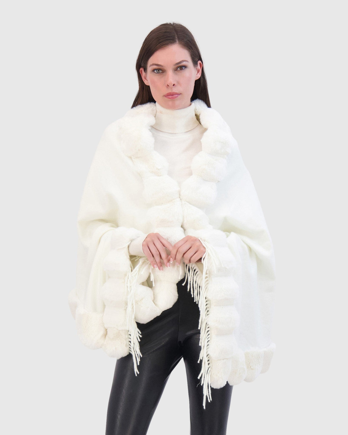 CASHMERE & WOOL BLEND CAPE WITH FUR-FREE CHINCHILLA (FAUX FUR) TRIM) - WHITE/WHITE CHINCH