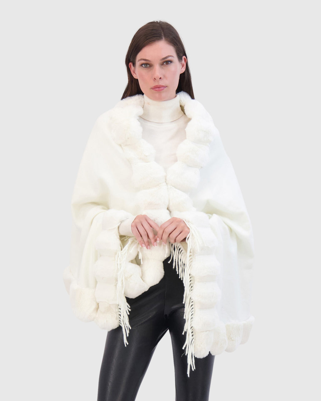 CASHMERE & WOOL BLEND CAPE WITH FUR-FREE CHINCHILLA (FAUX FUR) TRIM)
