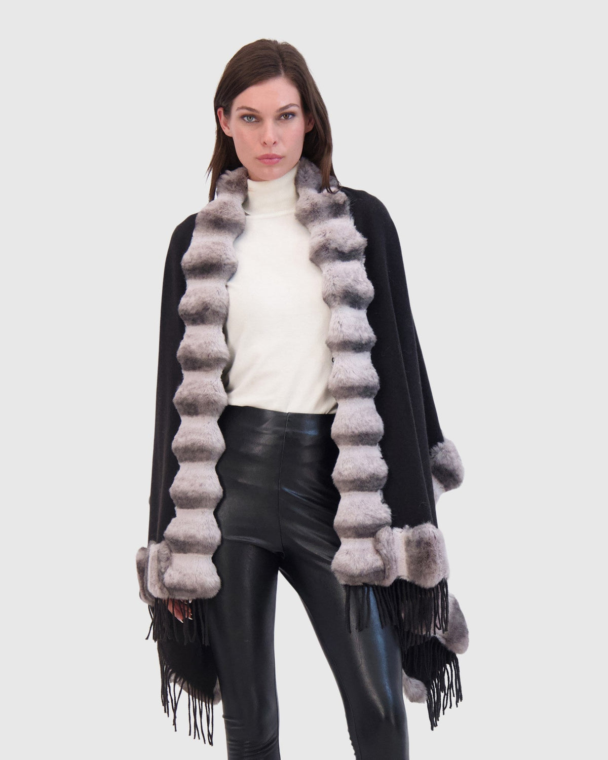 CASHMERE & WOOL BLEND CAPE WITH FUR-FREE CHINCHILLA (FAUX FUR) TRIM) - BLACK/GRAY CHINCH