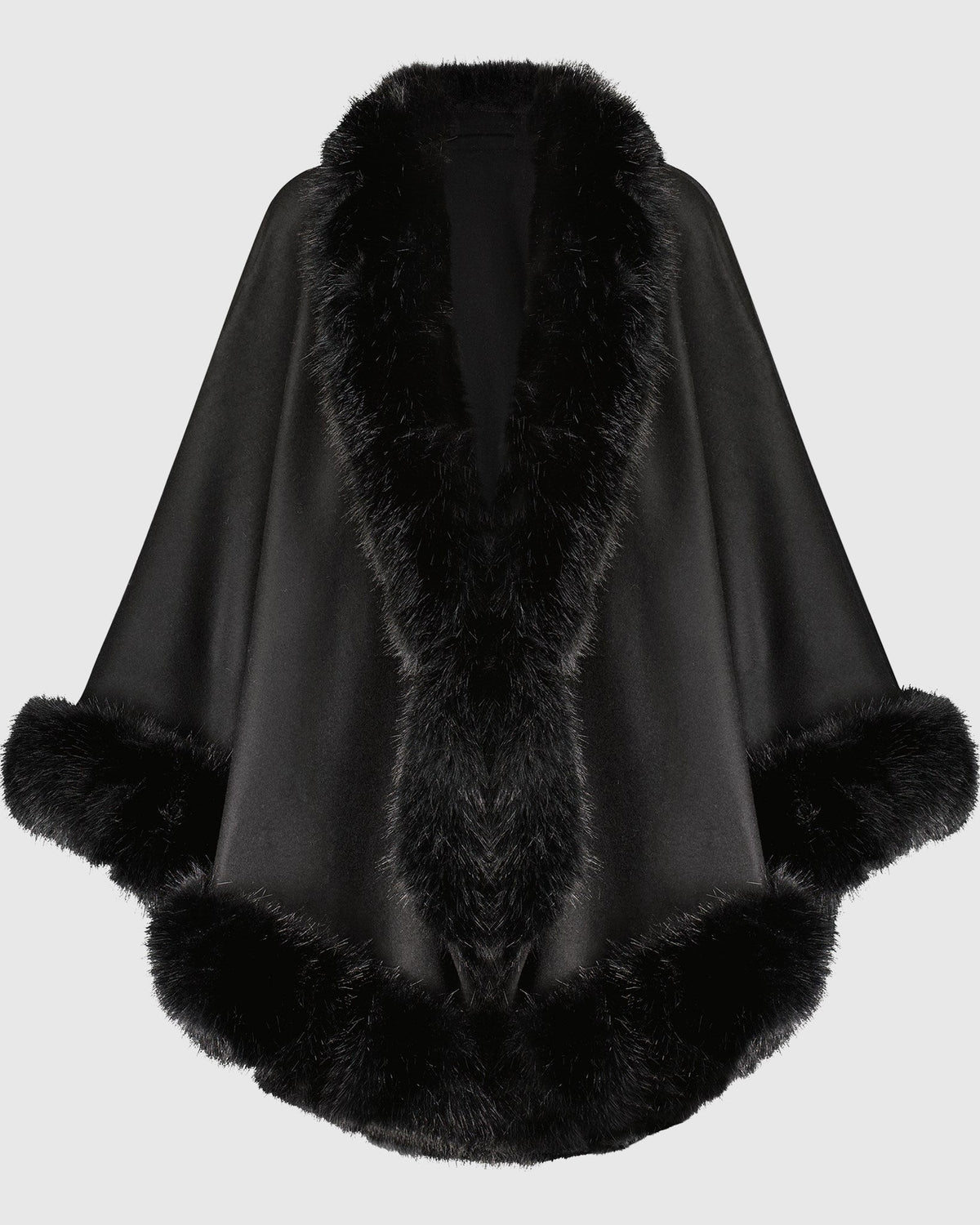 CASHMERE & WOOL BLEND CAPE WITH FUR-FREE FOX (FAUX FUR) TRIM - BLACK