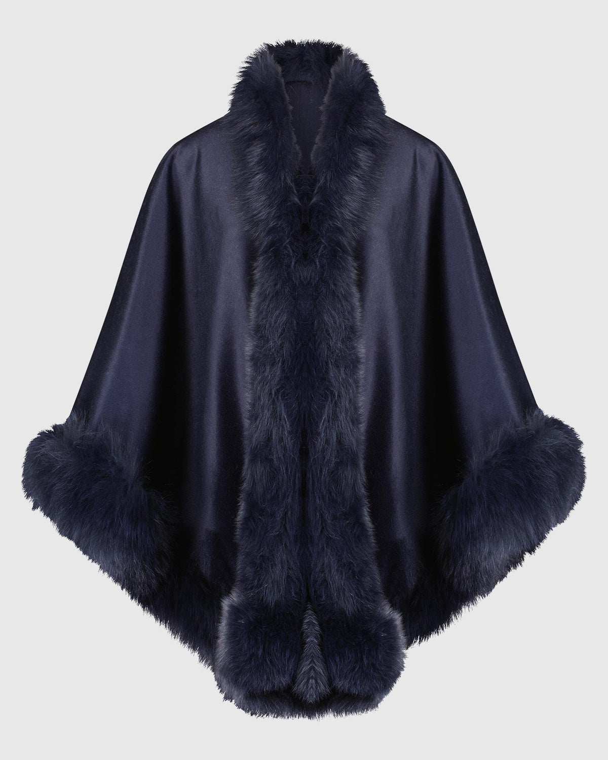 CASHMERE & WOOL BLEND CAPE WITH FUR-FREE FOX (FAUX FUR) TRIM - NAVY