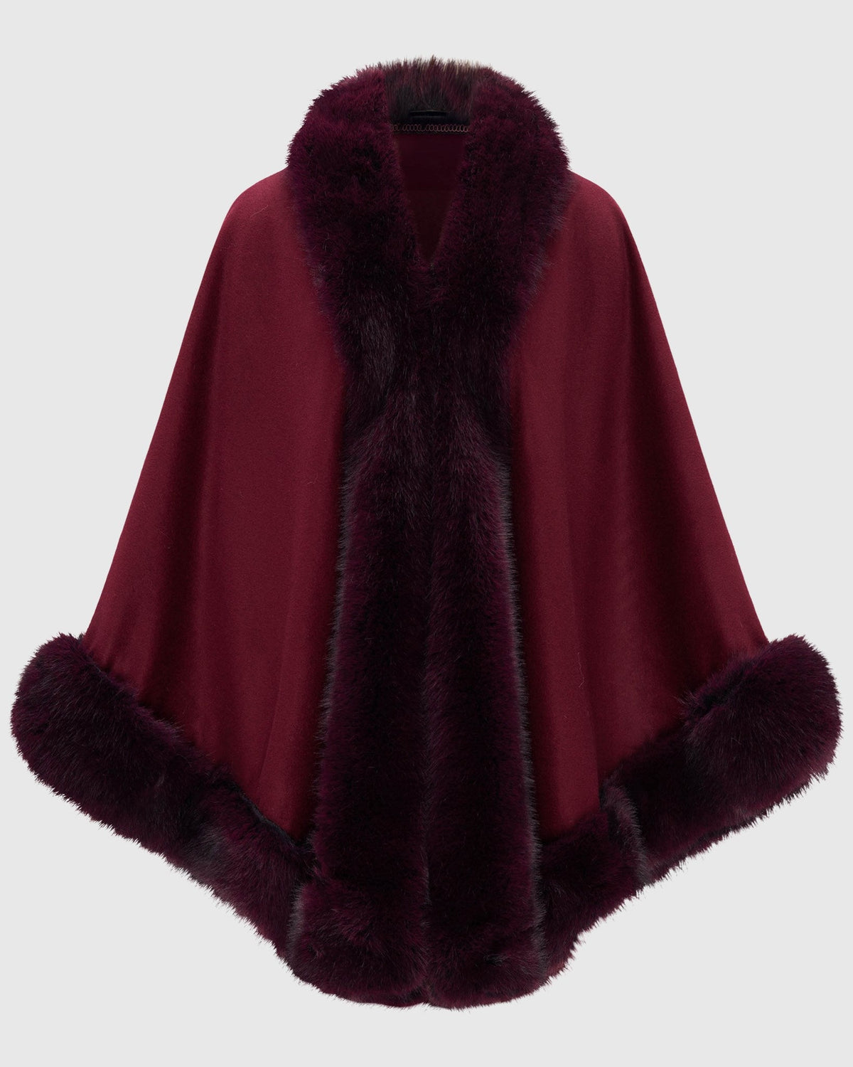 CASHMERE & WOOL BLEND CAPE WITH FUR-FREE FOX (FAUX FUR) TRIM - WINE