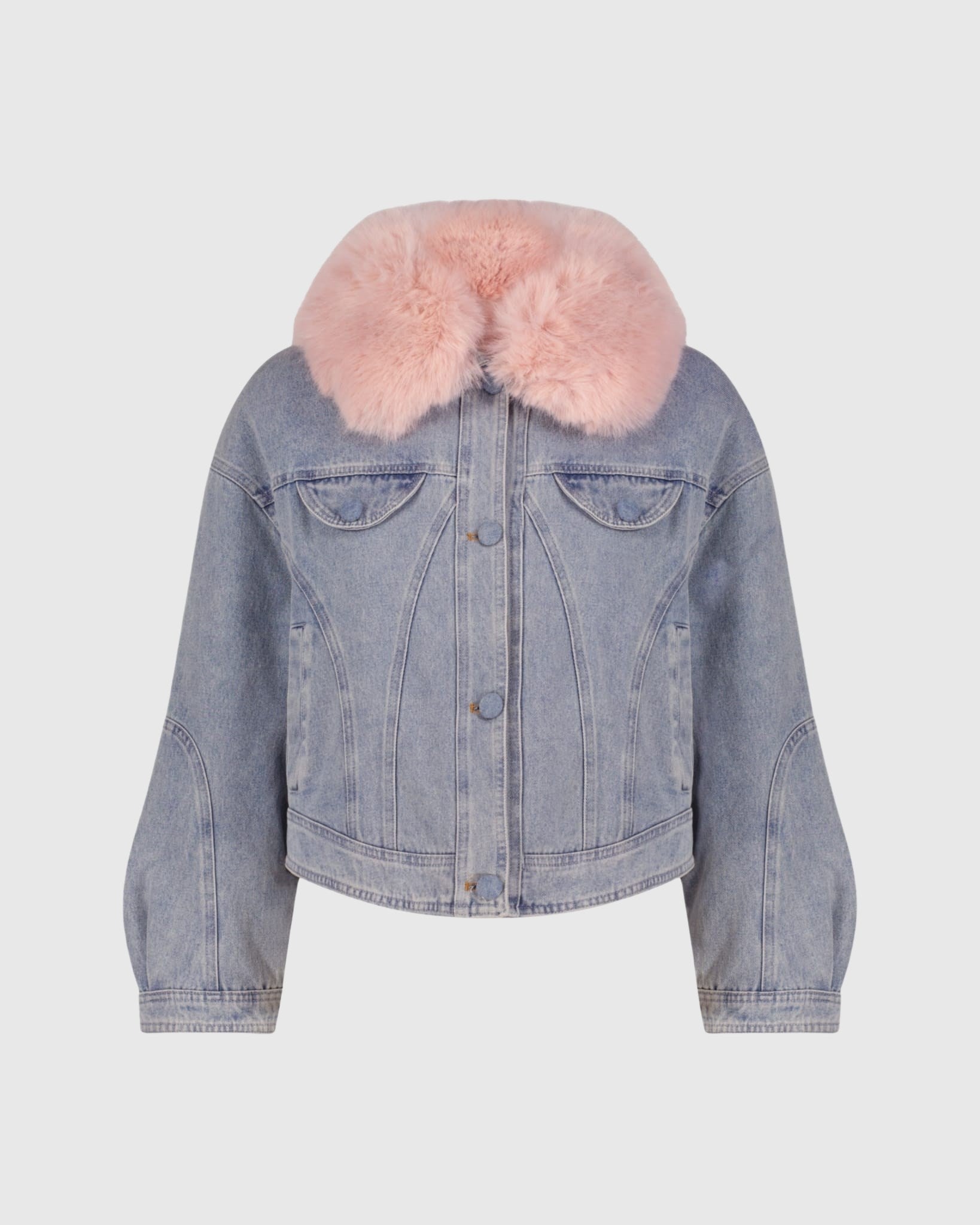 DENIM QUILTED DOWN JACKET WITH FUR-FREE FOX (FAUX FUR) COLLAR