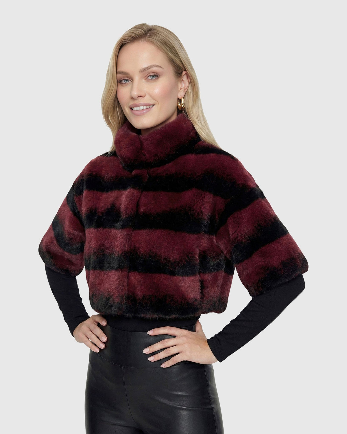 FUR-FREE CHINCHILLA (FAUX FUR) BOLERO, SHORT SLEEVES - BURGUNDY CHINCH