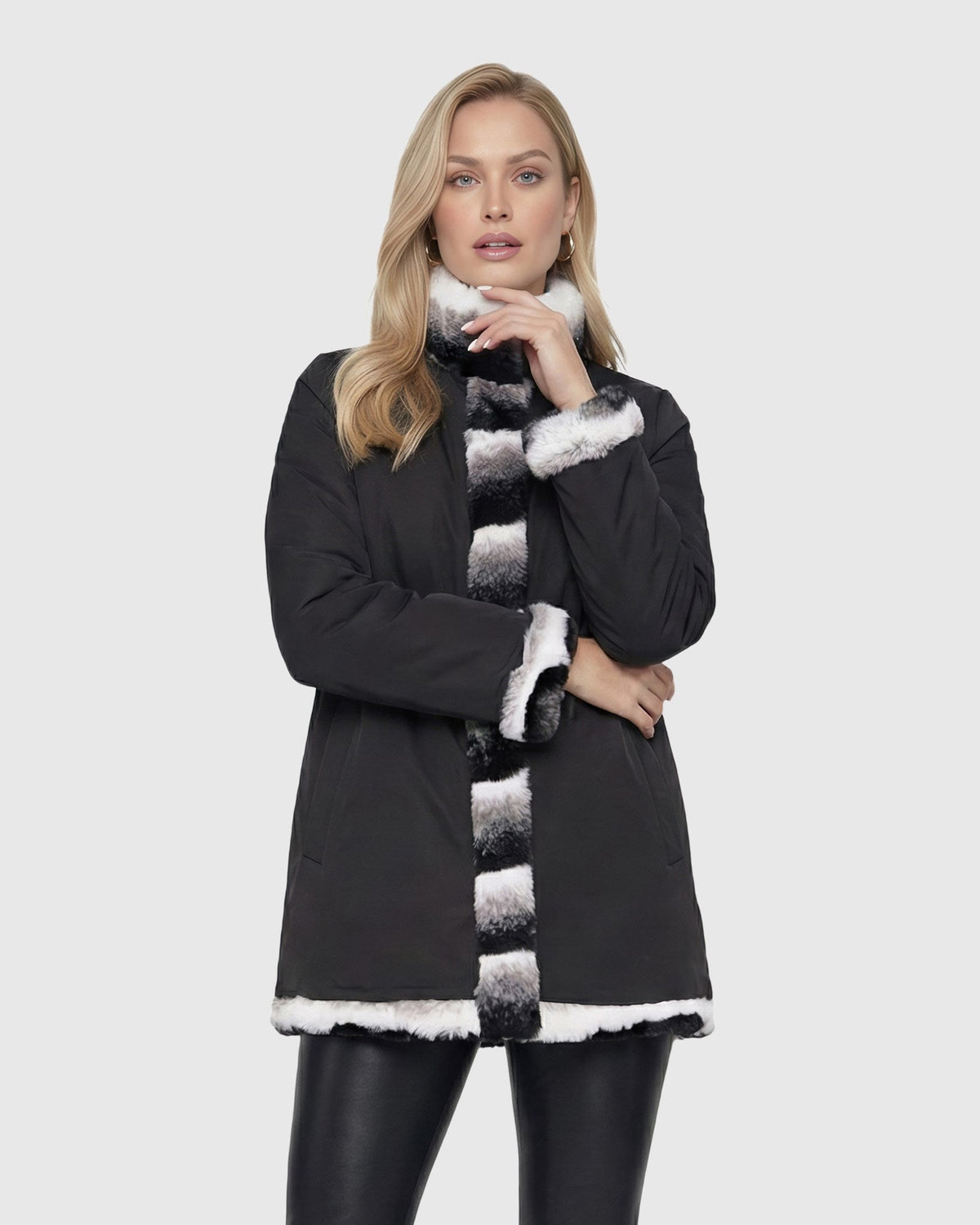 FUR-FREE CHINCHILLA (FAUX FUR) REVERSIBLE JACKET - GRAY CHINCH/BLACK