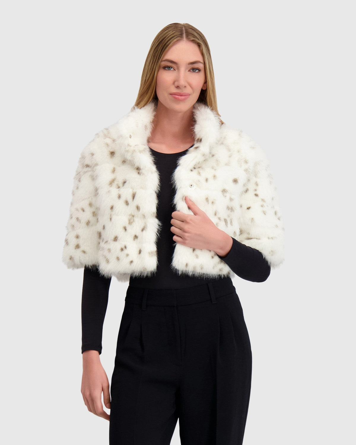 FUR-FREE FOX (FAUX FUR) BOLERO - WHITE/BLACK SPOTTED