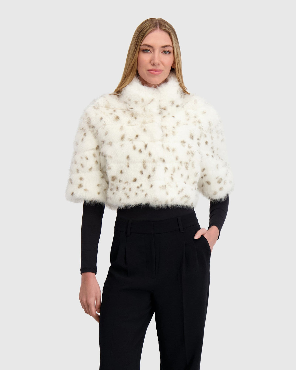 FUR-FREE FOX (FAUX FUR) BOLERO - WHITE/BLACK SPOTTED