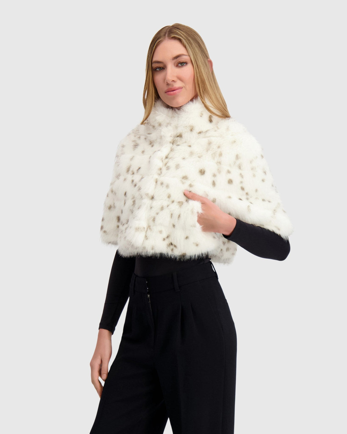 FUR-FREE FOX (FAUX FUR) BOLERO - WHITE/BLACK SPOTTED