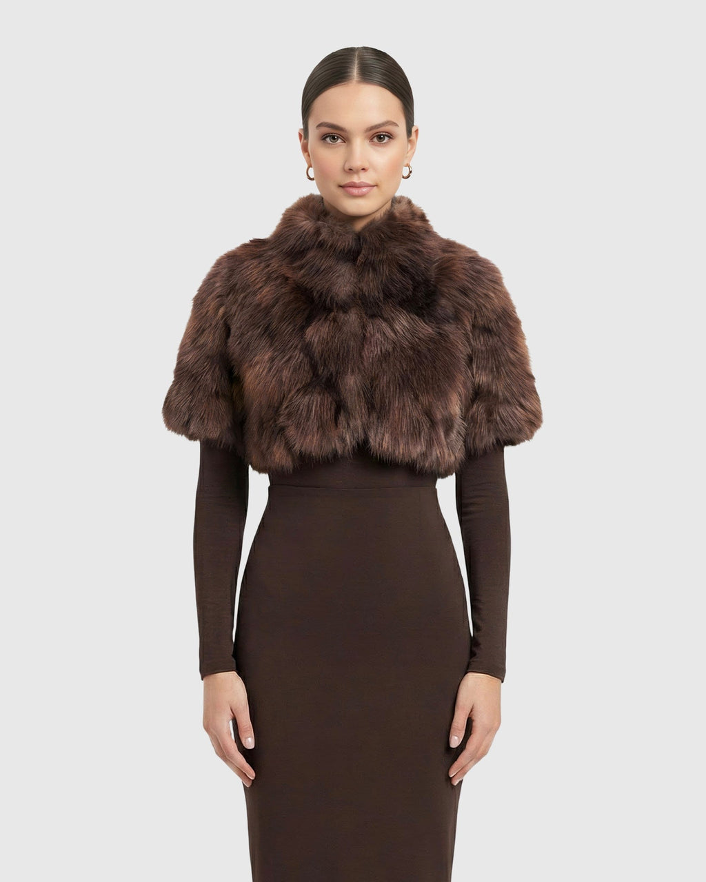 FUR-FREE FOX (FAUX FUR) BOLERO, SHORT SLEEVES - BROWN
