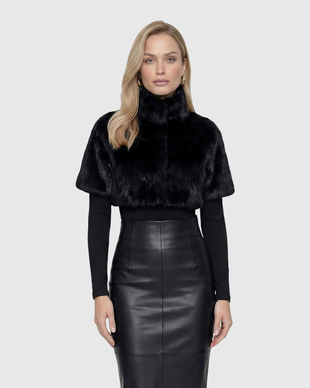 FUR-FREE FOX (FAUX FUR) BOLERO, SHORT SLEEVES - BLACK