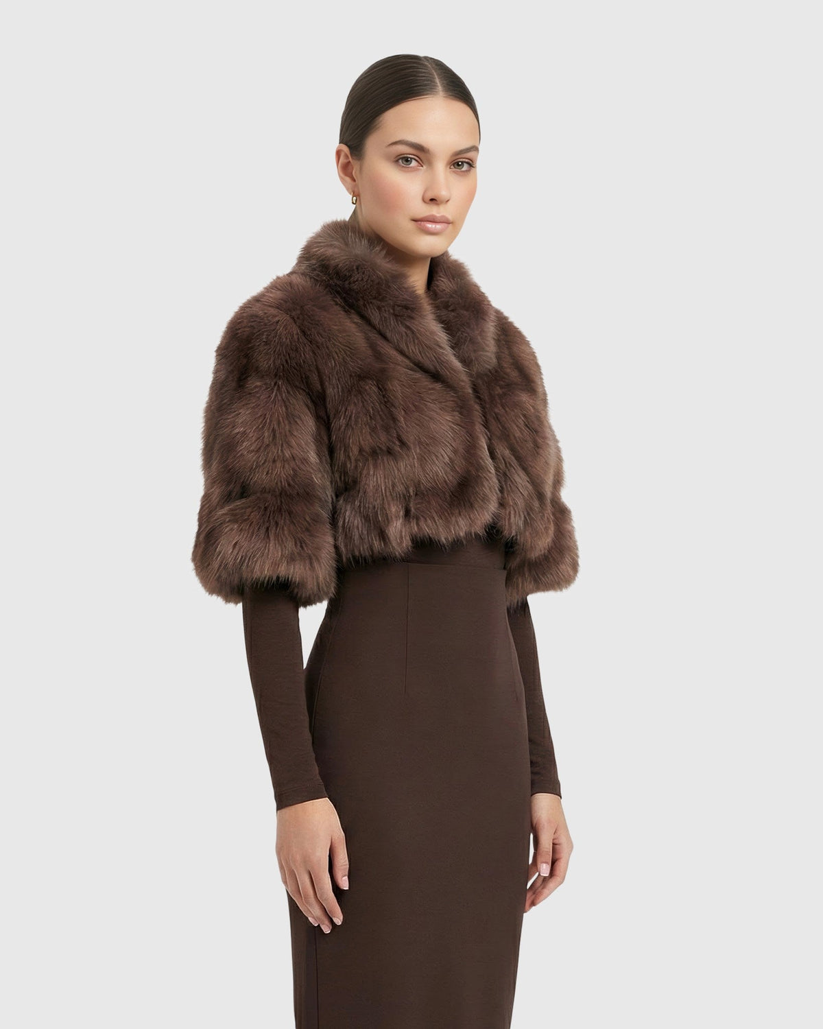 FUR-FREE FOX (FAUX FUR) BOLERO, SHORT SLEEVES - BROWN