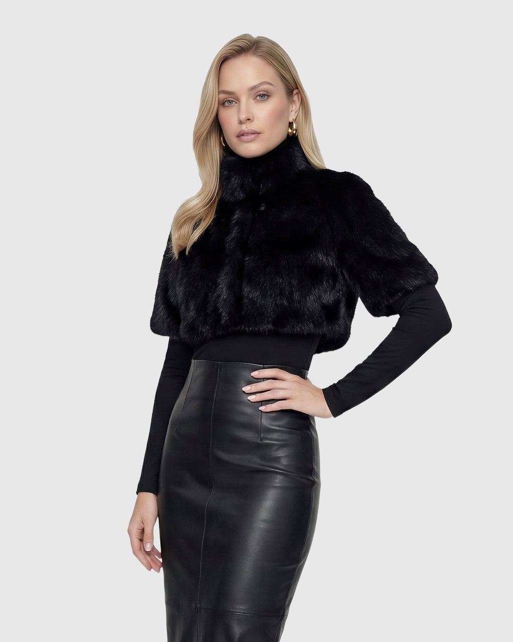 FUR-FREE FOX (FAUX FUR) BOLERO, SHORT SLEEVES - BLACK