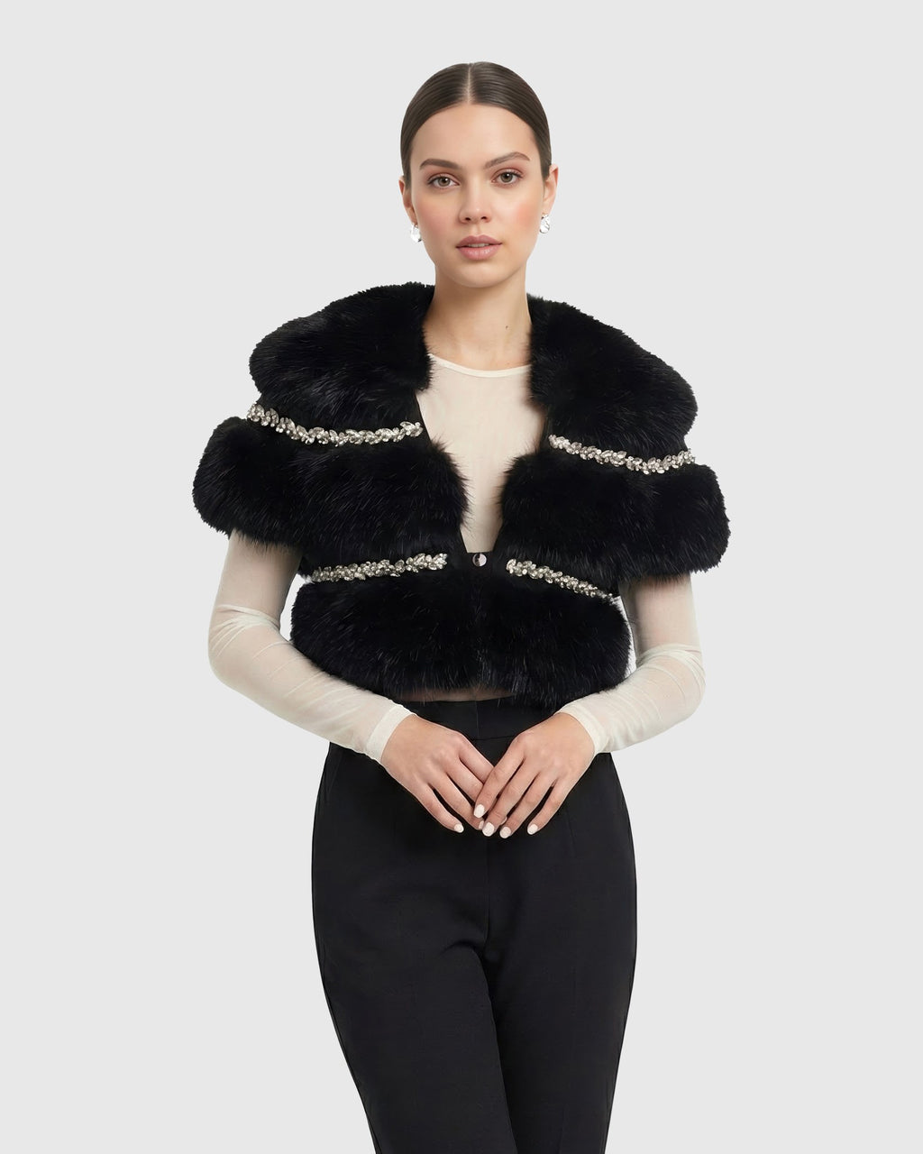 FUR-FREE FOX (FAUX FUR) STOLE WITH RHINESTONE INSERTS