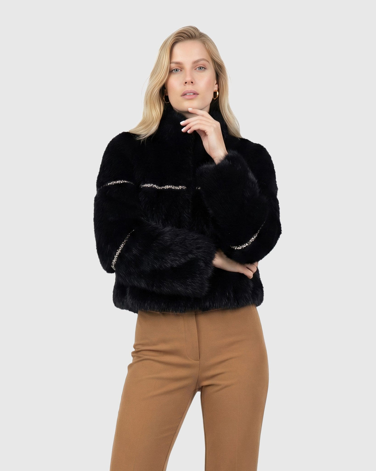 FUR-FREE FOX (FAUX FUR) JACKET WITH RHINESTONE INSERTS - BLACK