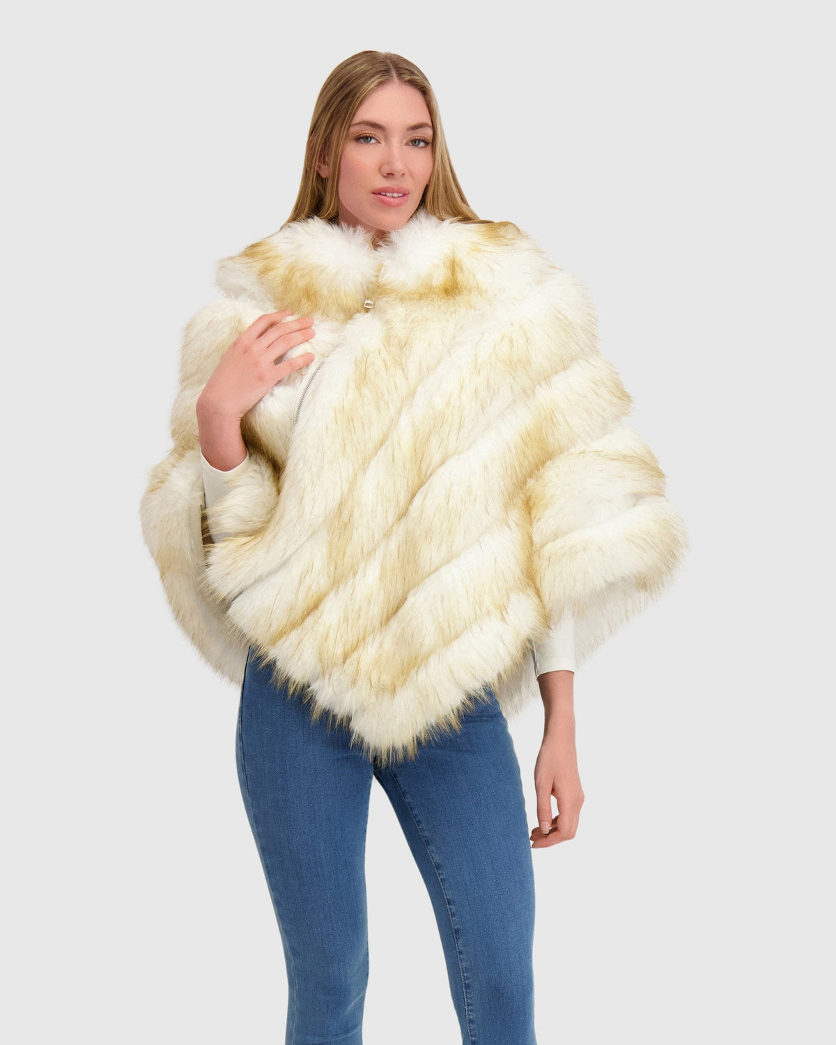 FUR-FREE FOX (FAUX FUR) PONCHO - WHITE/GOLD