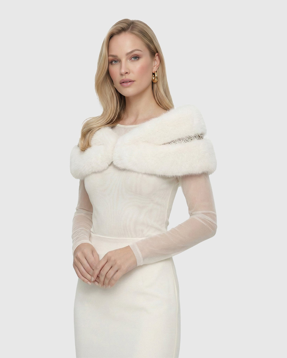 FUR-FREE FOX (FAUX FUR) STOLE WITH RHINESTONE INSERTS - WHITE