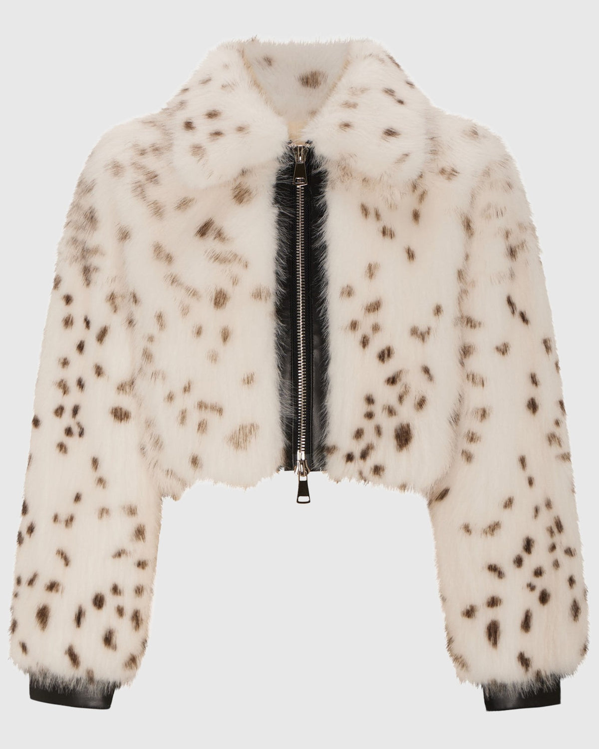 FUR-FREE FOX (FAUX FUR) ZIP BOLERO - WHITE/BLACK SPOTTED