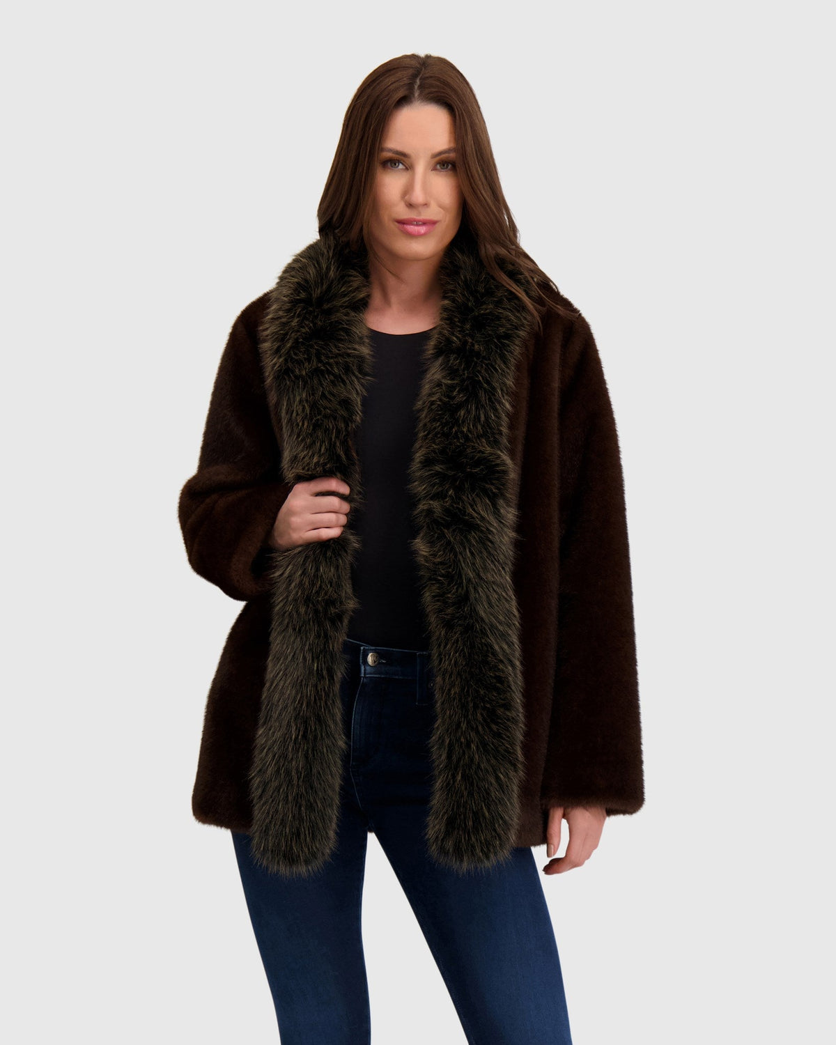 FUR-FREE FOX & MINK (FAUX FUR) JACKET - DARK BROWN
