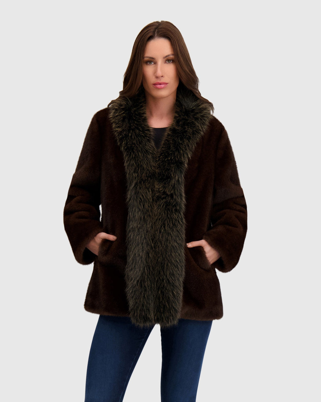 FUR-FREE FOX & MINK (FAUX FUR) JACKET - DARK BROWN