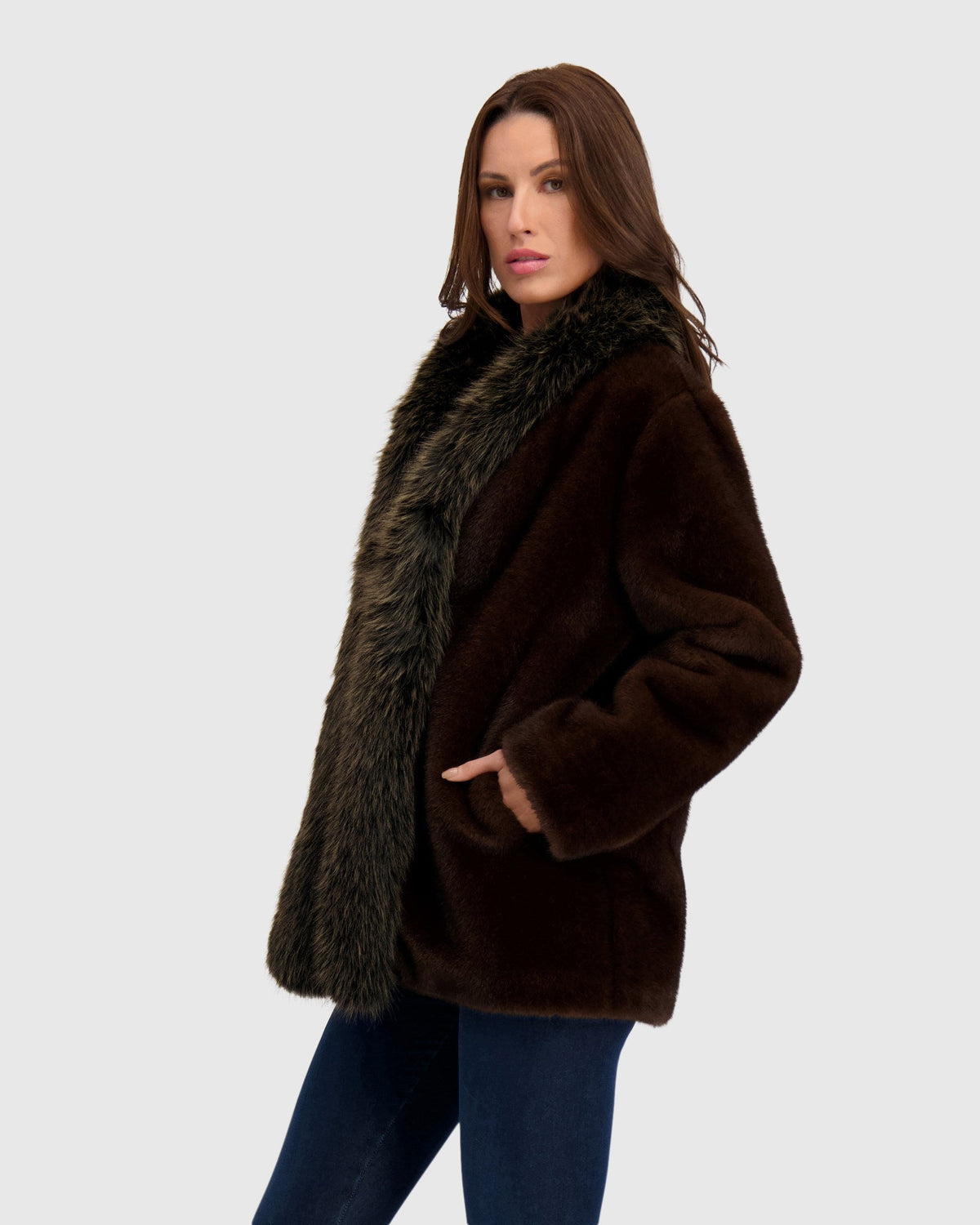 FUR-FREE FOX & MINK (FAUX FUR) JACKET - DARK BROWN