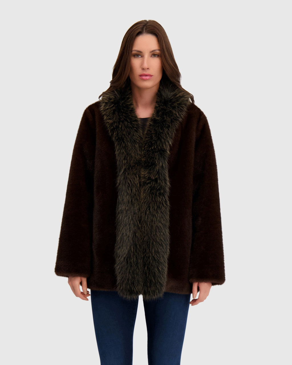 FUR-FREE FOX & MINK (FAUX FUR) JACKET - DARK BROWN
