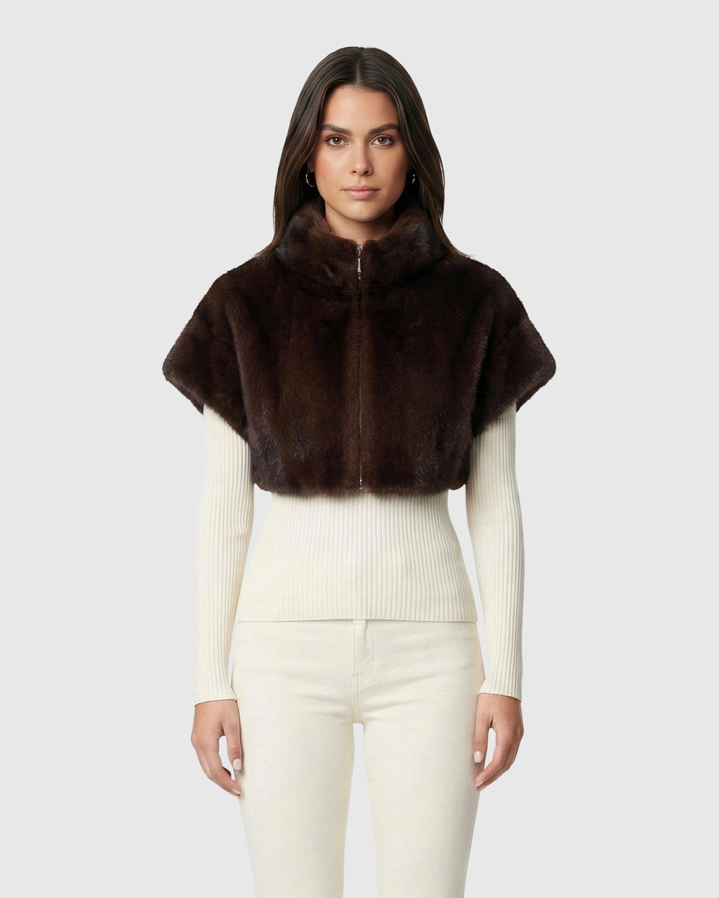 FUR-FREE MINK (FAUX FUR) BOLERO, SHORT SLEEVES - DARK BROWN