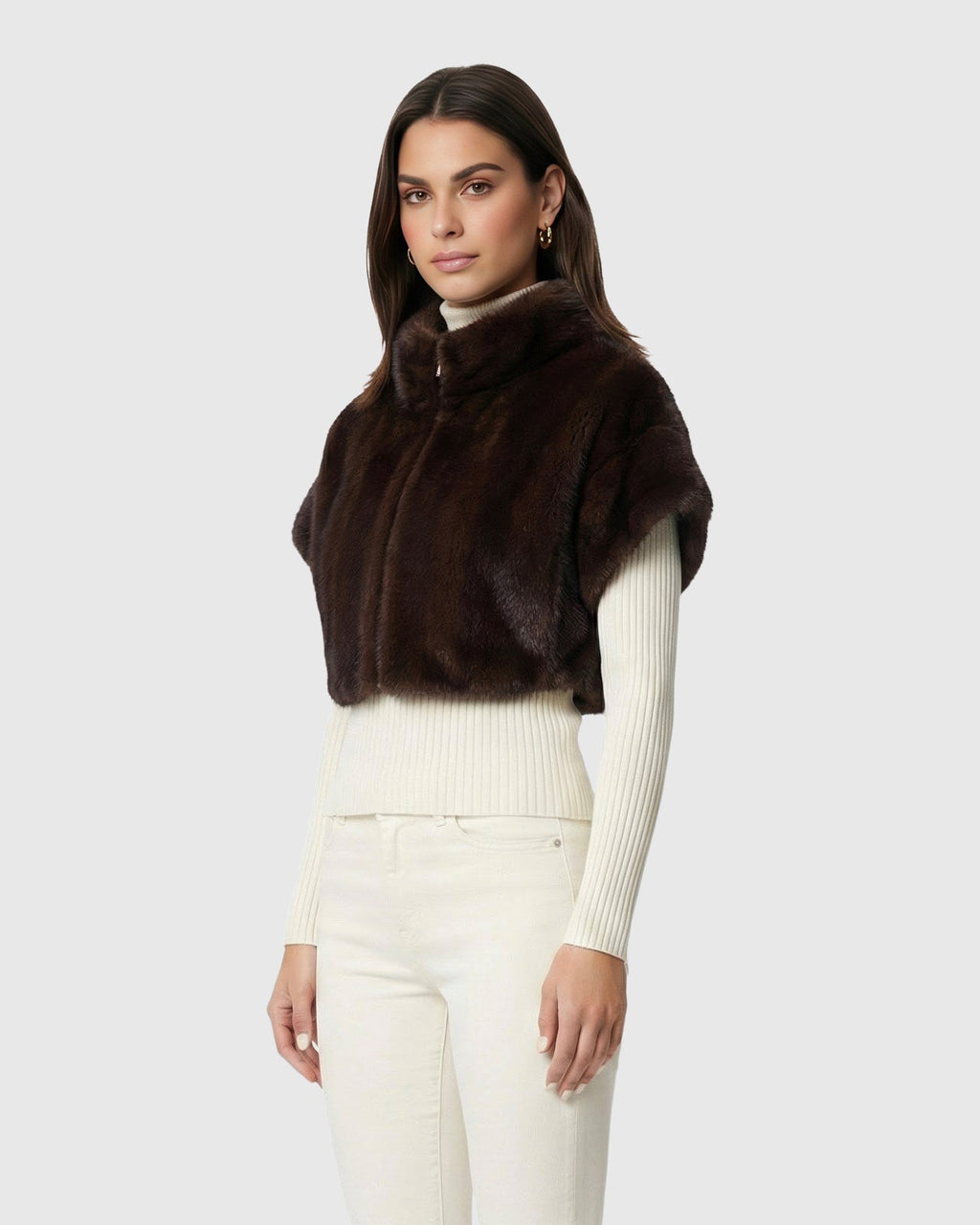 FUR-FREE MINK (FAUX FUR) BOLERO, SHORT SLEEVES - DARK BROWN