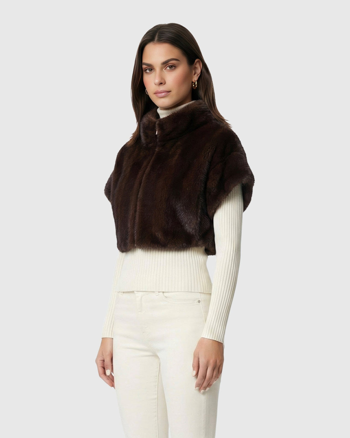 FUR-FREE MINK (FAUX FUR) BOLERO, SHORT SLEEVES - DARK BROWN