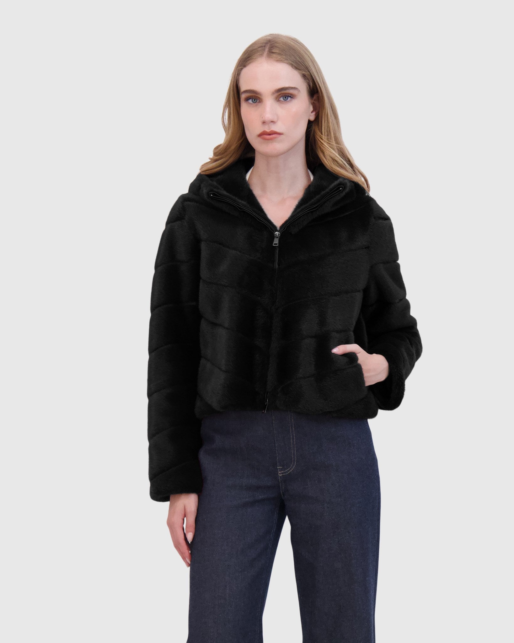 FUR-FREE MINK (FAUX FUR) HOODED JACKET