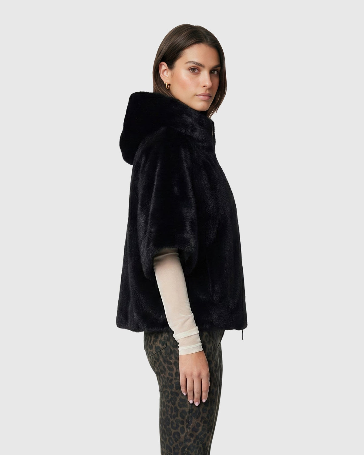 FUR-FREE MINK (FAUX FUR) JACKET, HOOD - BLACK/BLACK