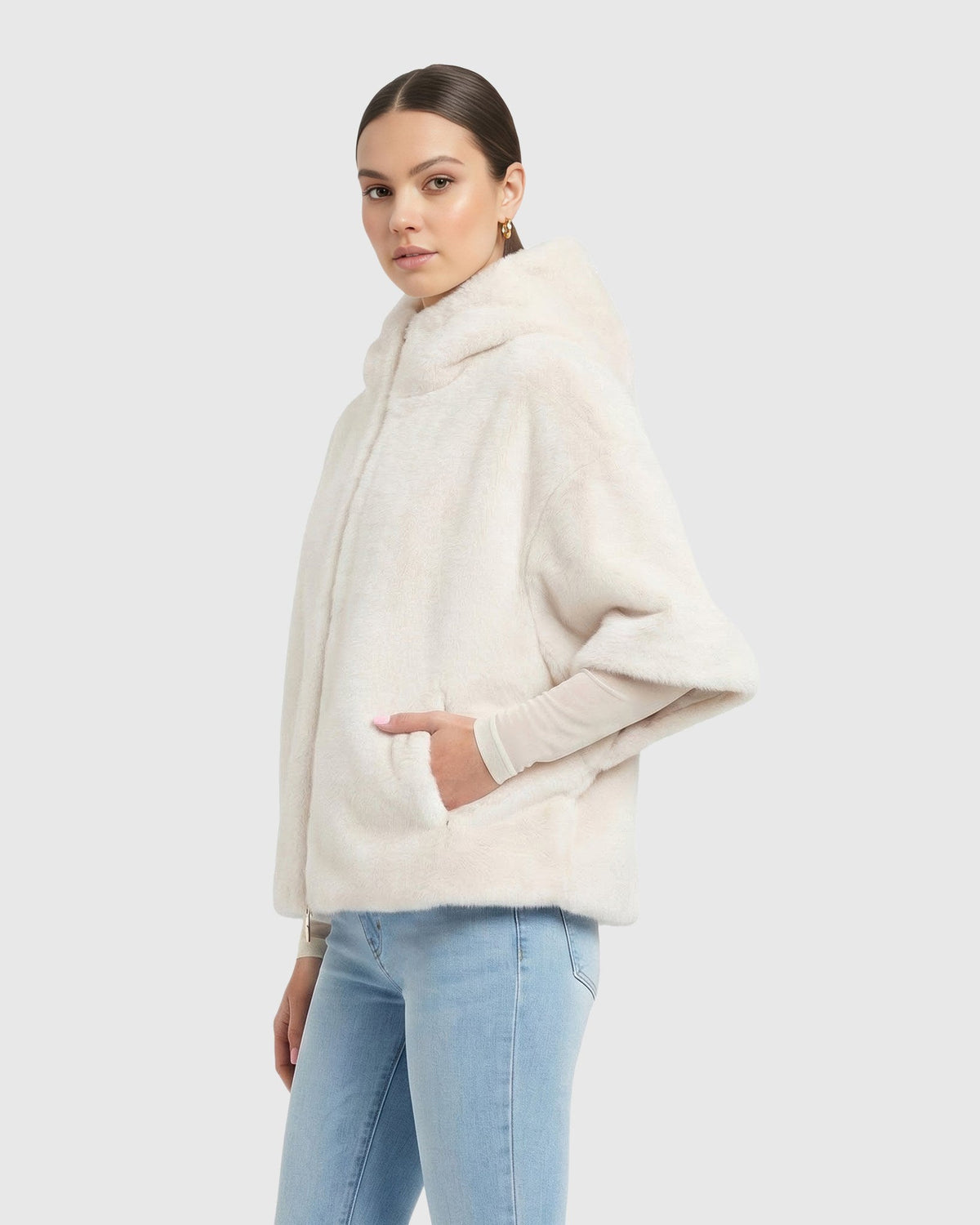 FUR-FREE MINK (FAUX FUR) JACKET, HOOD - IVORY/IVORY