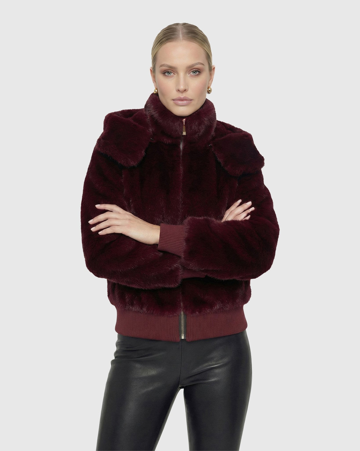 FUR-FREE MINK (FAUX FUR) HOODED JACKET WITH KNITTED CUFFS & BOTTOM