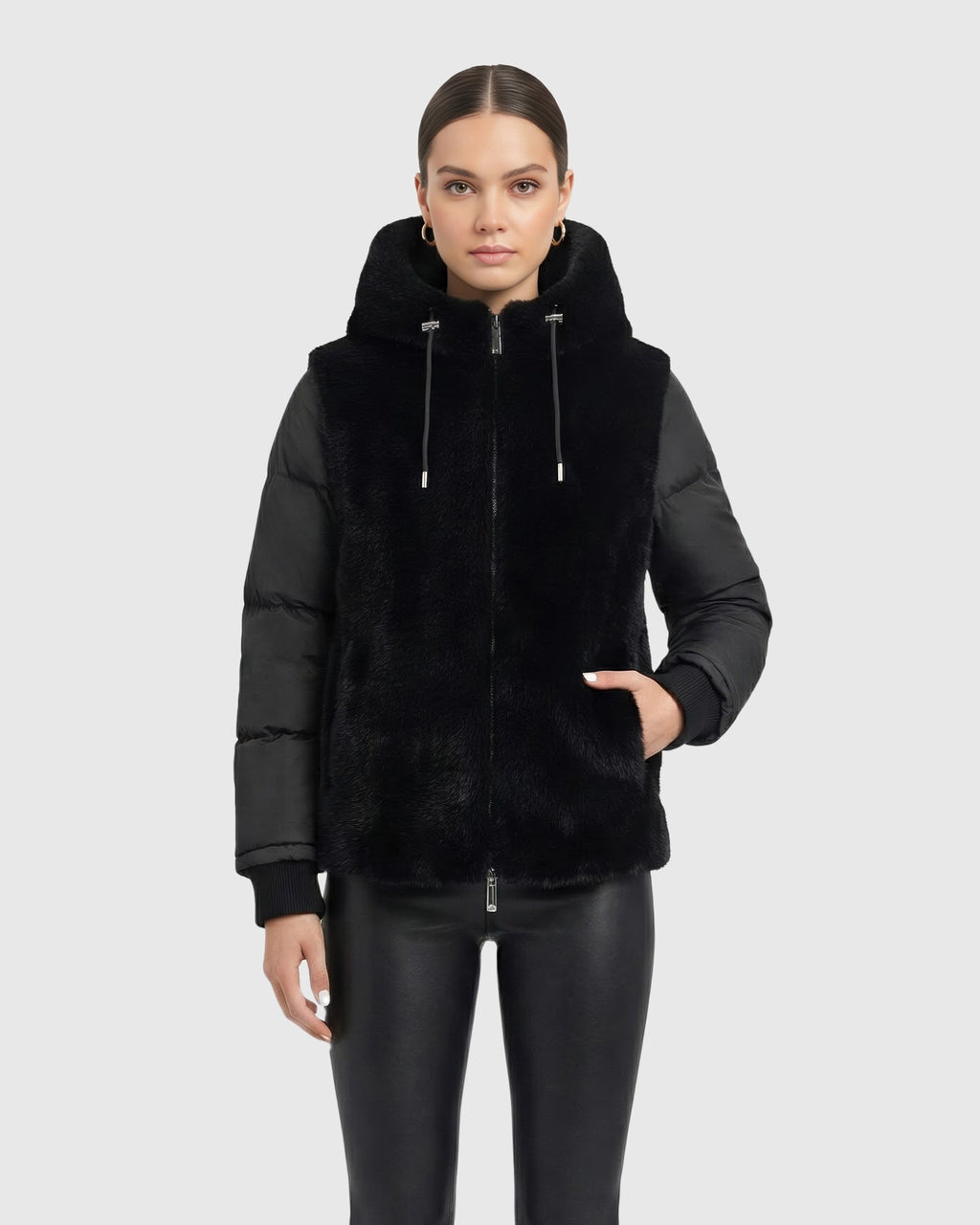 FUR-FREE MINK (FAUX FUR) HOODED QUILTED JACKET
