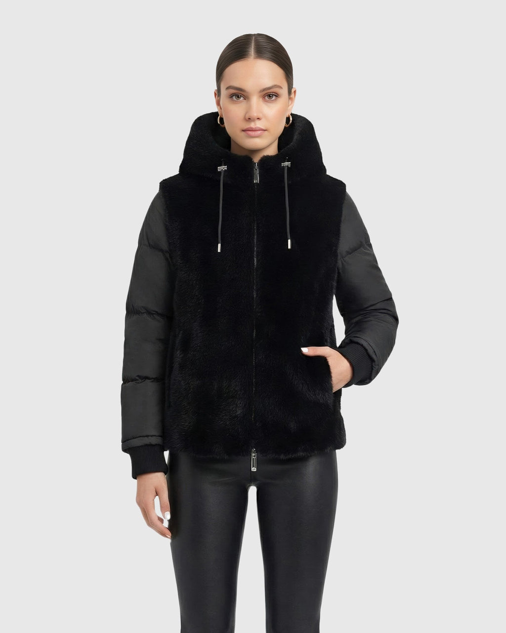 FUR-FREE MINK (FAUX FUR) QUILTED JACKET, HOOD - BLACK/BLACK