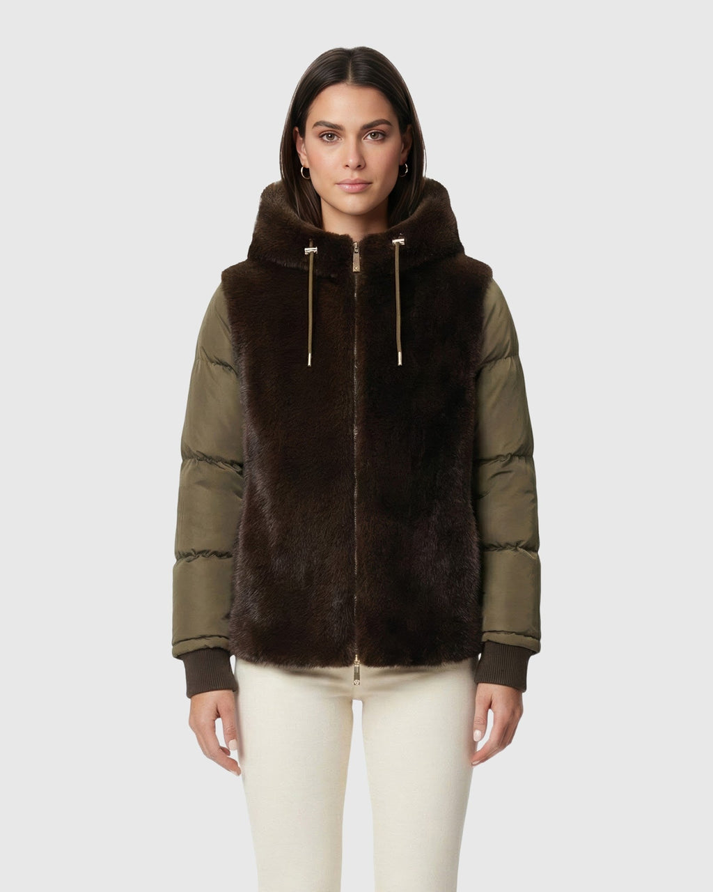 FUR-FREE MINK (FAUX FUR) QUILTED JACKET, HOOD - ARMY GREEN/ARMY GREEN