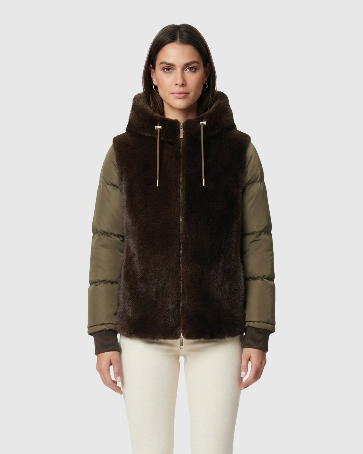 FUR-FREE MINK (FAUX FUR) QUILTED JACKET, HOOD - ARMY GREEN/ARMY GREEN