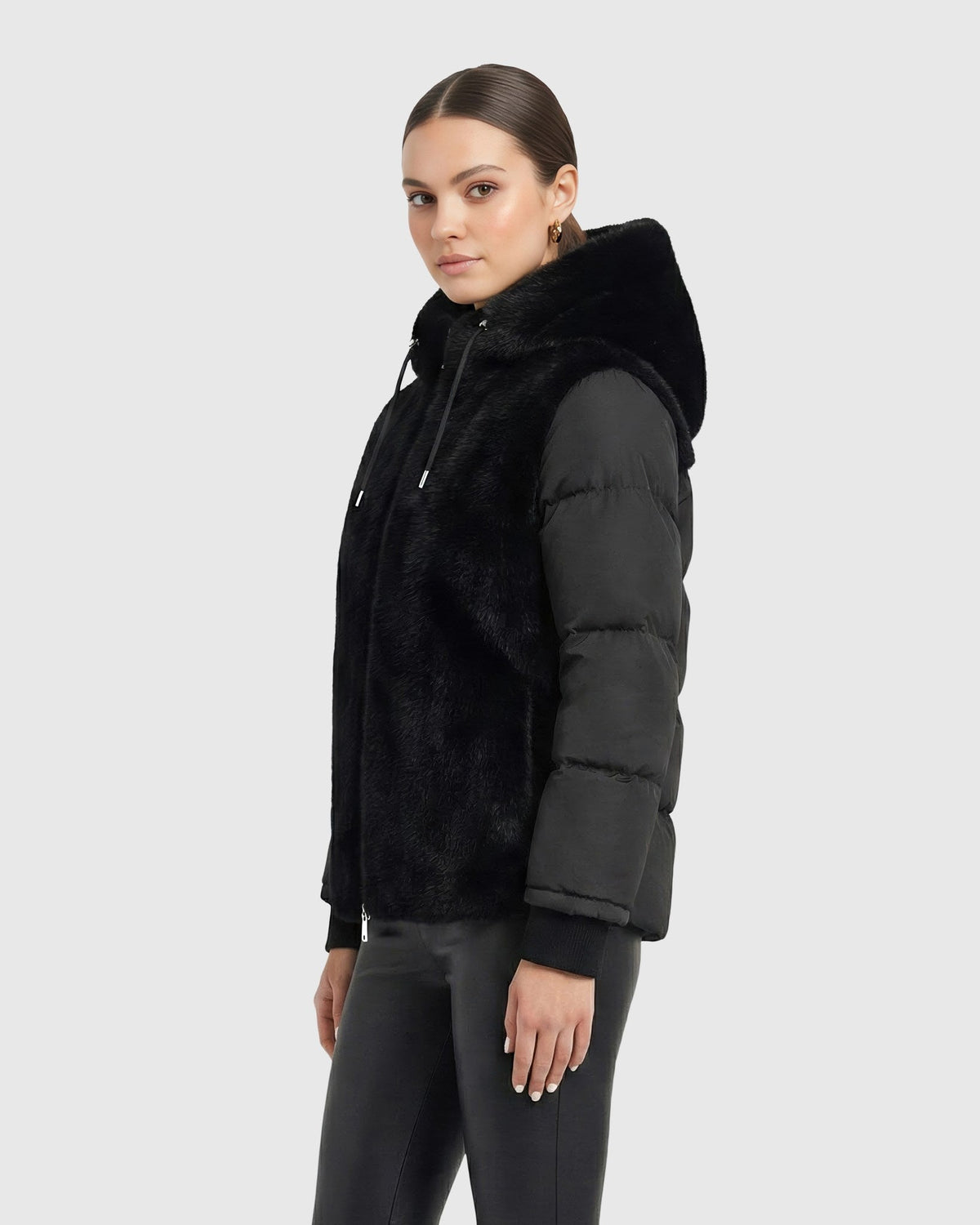 FUR-FREE MINK (FAUX FUR) QUILTED JACKET, HOOD - BLACK/BLACK