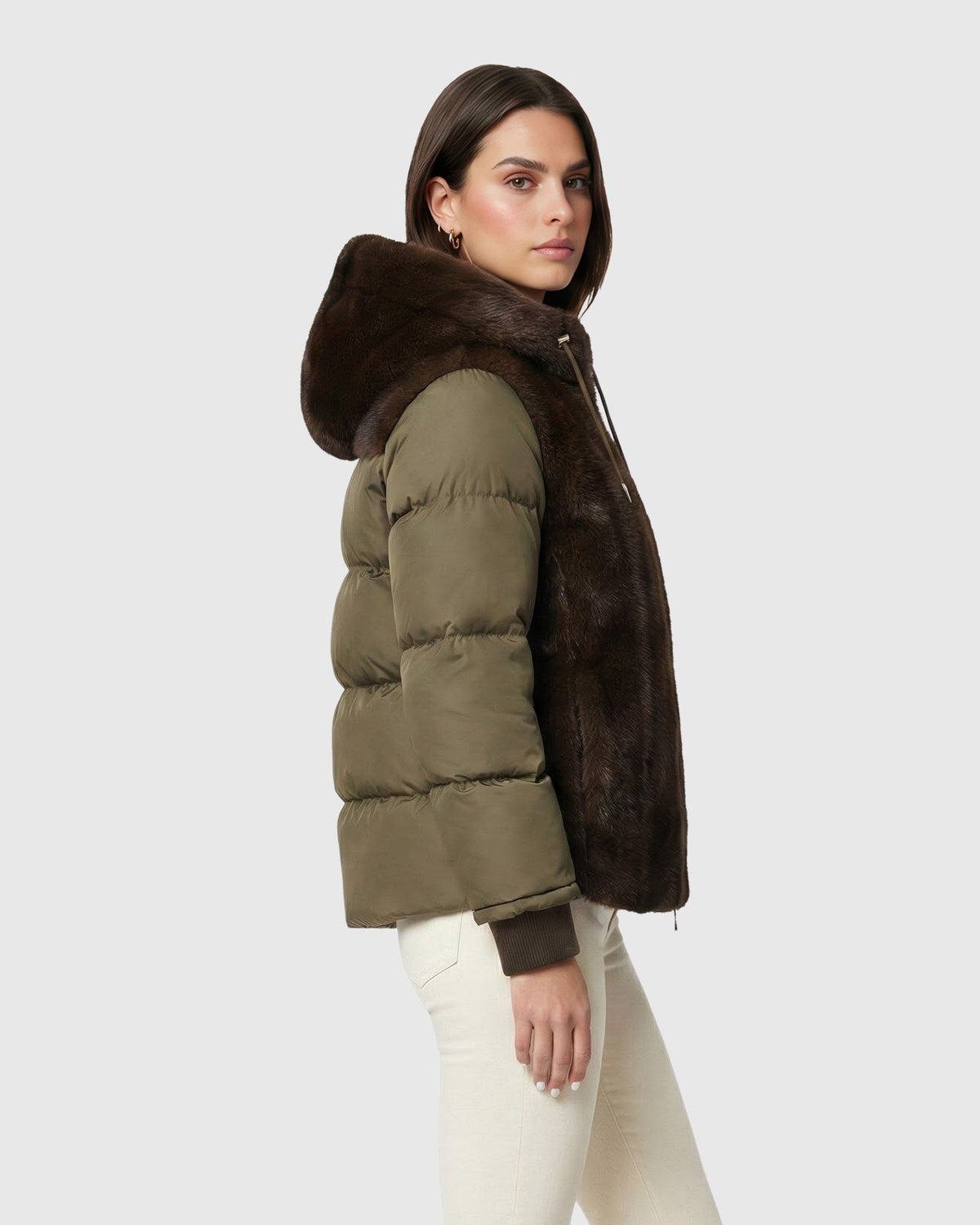 FUR-FREE MINK (FAUX FUR) QUILTED JACKET, HOOD - ARMY GREEN/ARMY GREEN