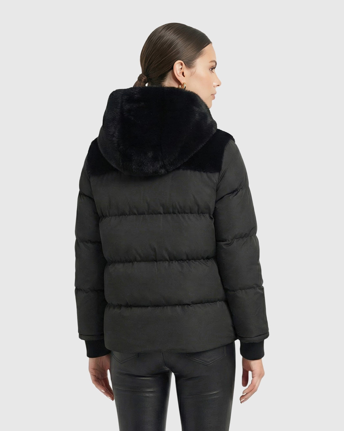 FUR-FREE MINK (FAUX FUR) QUILTED JACKET, HOOD - BLACK/BLACK