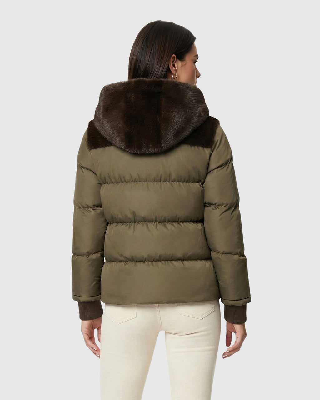 FUR-FREE MINK (FAUX FUR) QUILTED JACKET, HOOD - ARMY GREEN/ARMY GREEN