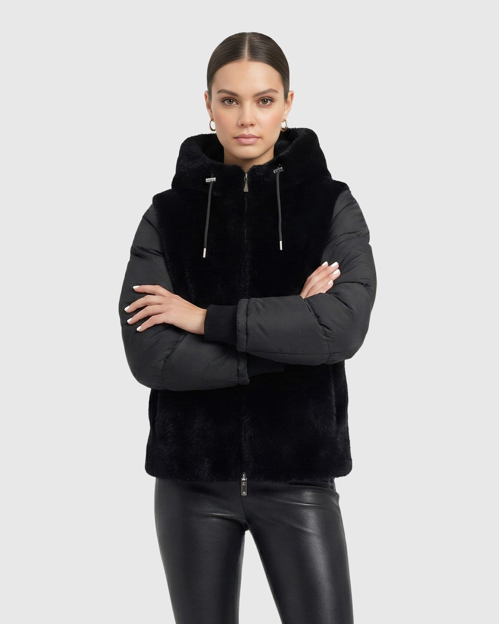 FUR-FREE MINK (FAUX FUR) QUILTED JACKET, HOOD - BLACK/BLACK