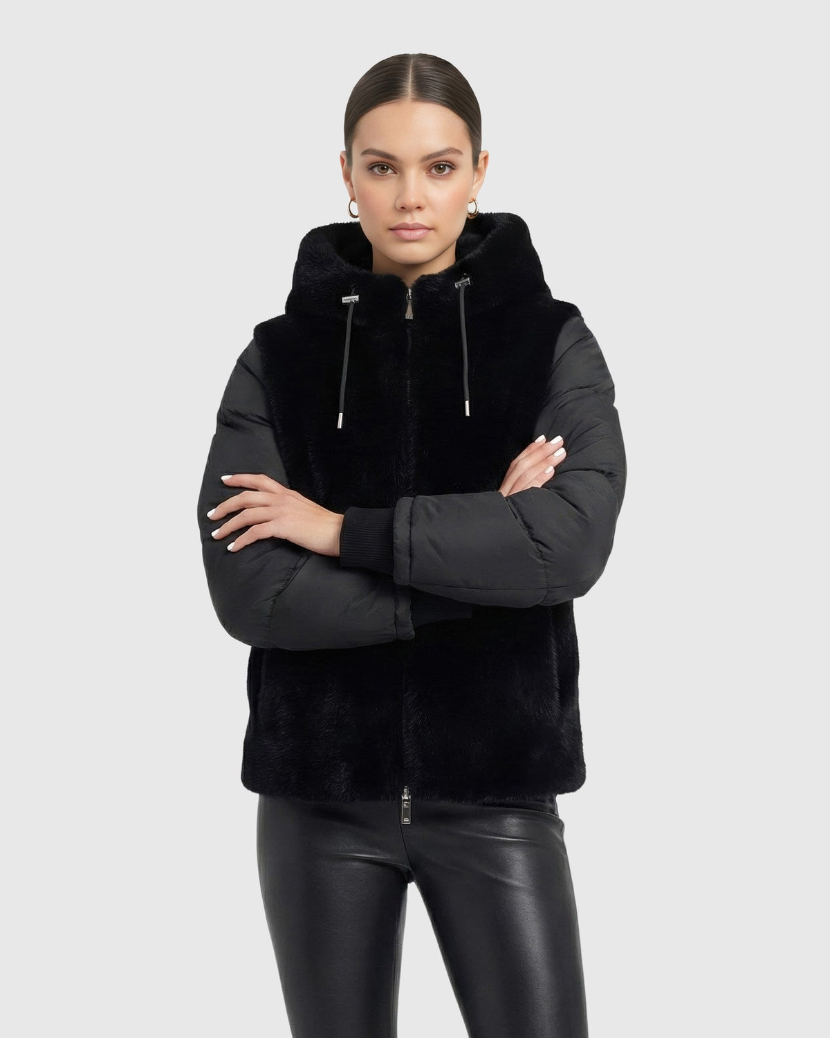 FUR-FREE MINK (FAUX FUR) QUILTED JACKET, HOOD - BLACK/BLACK