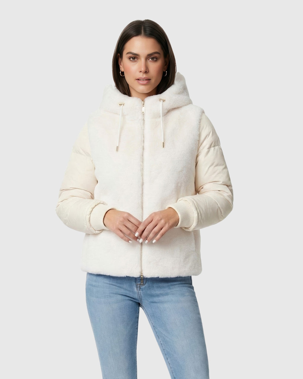 FUR-FREE MINK (FAUX FUR) HOODED QUILTED JACKET