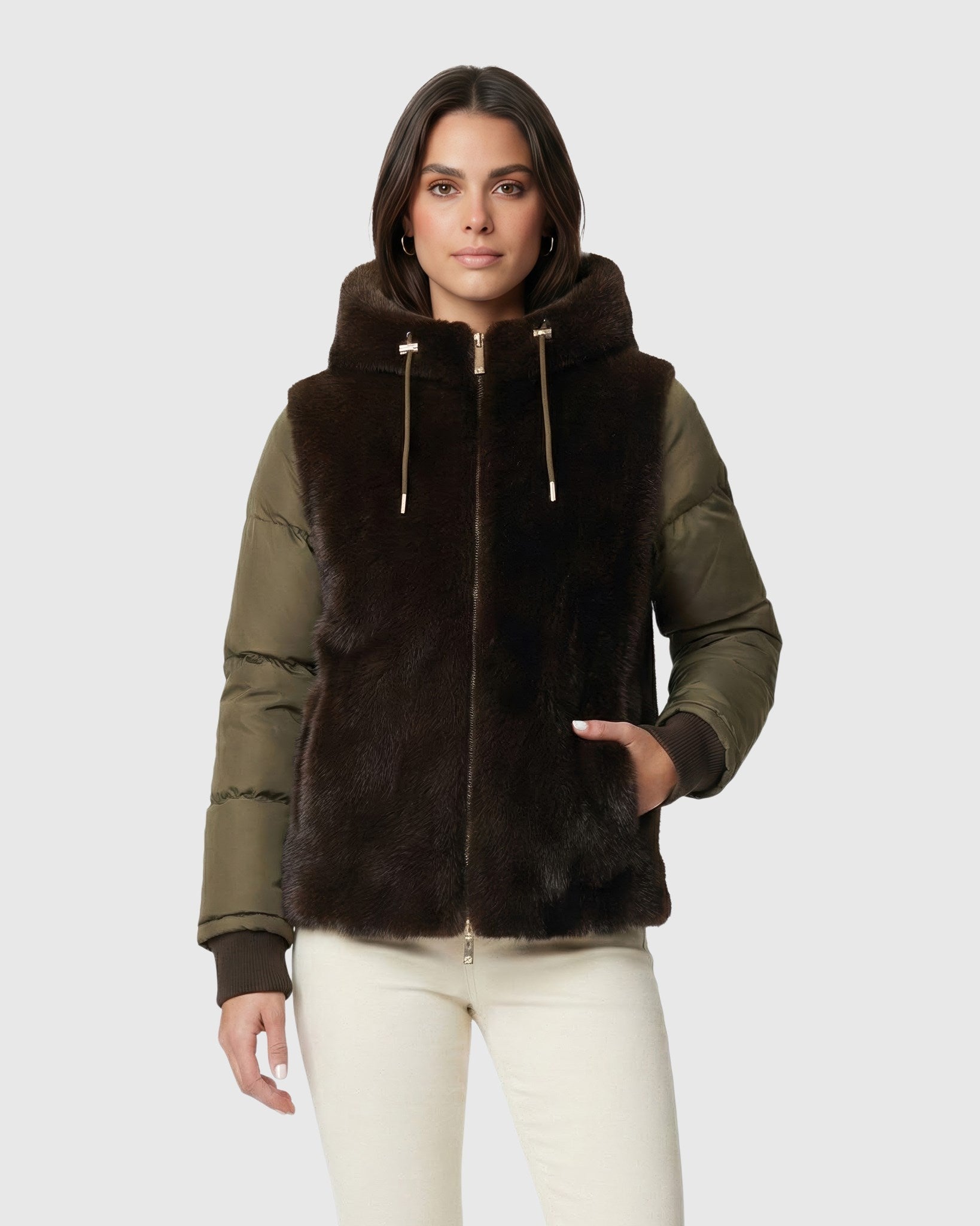 FUR-FREE MINK (FAUX FUR) HOODED QUILTED JACKET
